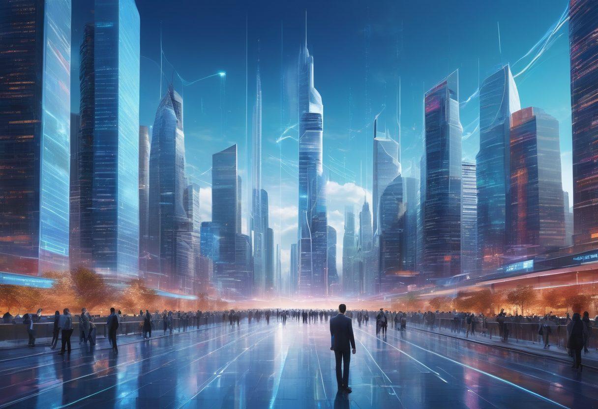 A futuristic cityscape showcasing a network of towering skyscrapers interconnected by glowing wireless signals and floating holographic data streams. In the foreground, people interact with advanced devices, illuminated by vibrant screens, symbolizing seamless connectivity. A clear blue sky provides a backdrop, enhancing the sense of innovation and technology. super-realistic. vibrant colors. high-tech atmosphere.