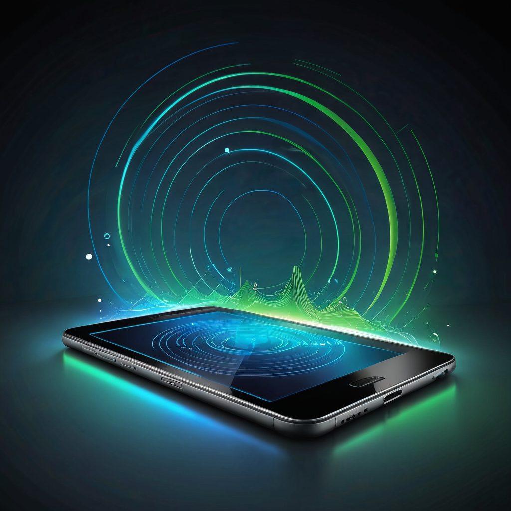 A dynamic, abstract representation of wireless signals radiating from a mobile device, symbolizing seamless connectivity. Incorporate visual elements like glowing lines and waves to illustrate data transfer amongst various devices, including smartphones, tablets, and laptops. Use a modern color palette with blues and greens to evoke a sense of technology and innovation. Include soft geometric shapes in the background to enhance the feeling of motion and fluidity. vibrant colors. super-realistic.