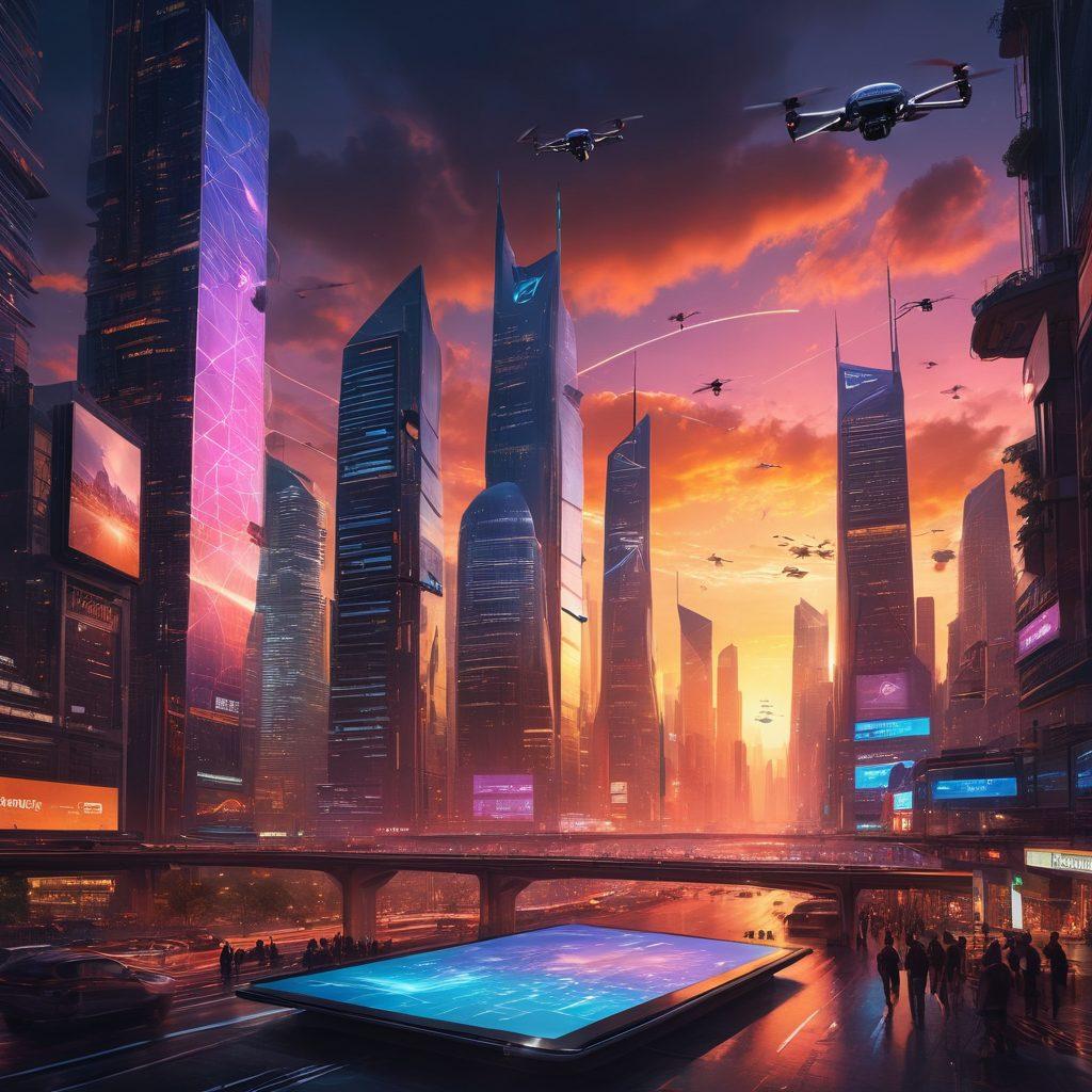 A futuristic cityscape featuring sleek skyscrapers with integrated wireless technology, illuminated by digital screens displaying file download progress bars. Flying drones symbolize fast connectivity above a bustling crowd using tablets and smartphones. The background showcases a vibrant sunset with connected lines representing a network of data flowing seamlessly. super-realistic. vibrant colors. cyberpunk.